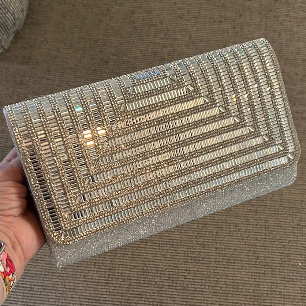 Melanie Lyne Silver Crystal Clutch Bag with silvertone chain glitter wedding